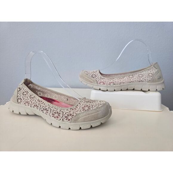 Skechers 23413 Beige Lace Flats 8.5 | Memory Foam Slip On Walking Shoes Neutral - Picture 1 of 7